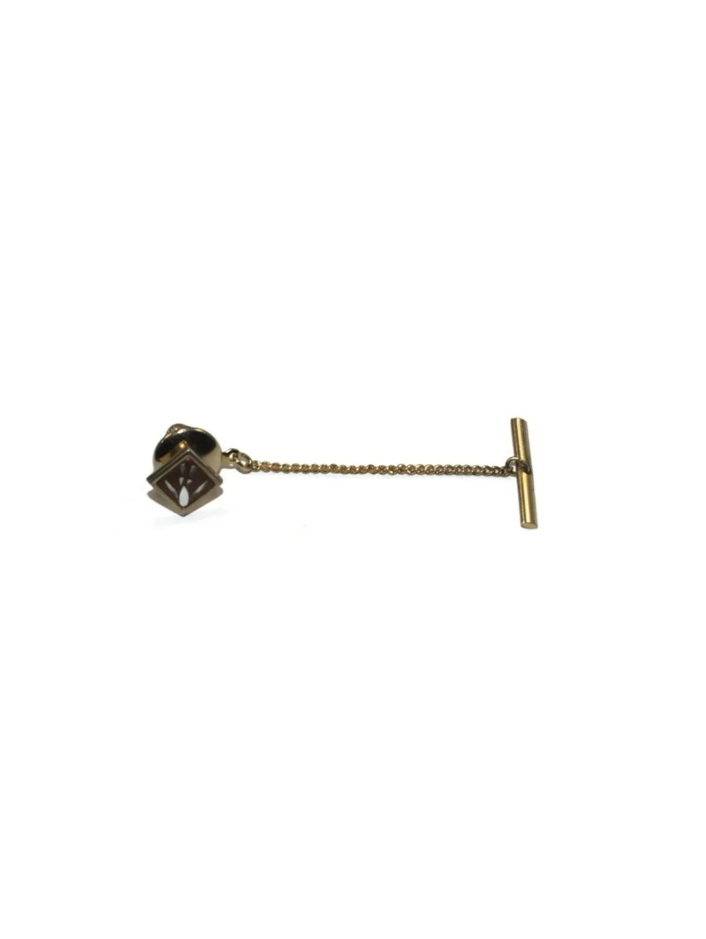Vintage Gold Tone & Red Enamel Diamond Shape Floral Design Tie Tack with Chain.